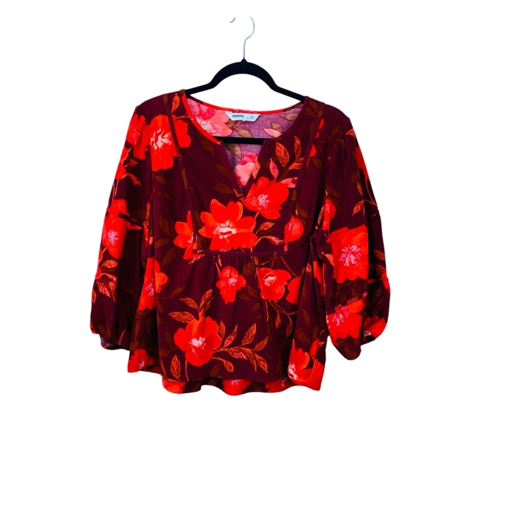 Sonoma Corduroy Top Blouse Womens PXL Burgundy Floral 3/4 Sleeves Peasant Boho